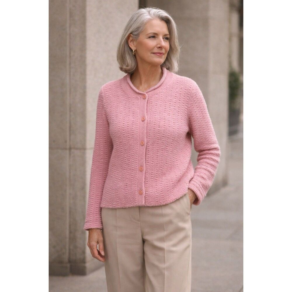 Eileen Fisher‎ Size Medium Wool Blend Knit Cardigan Sweater Pink Chunky